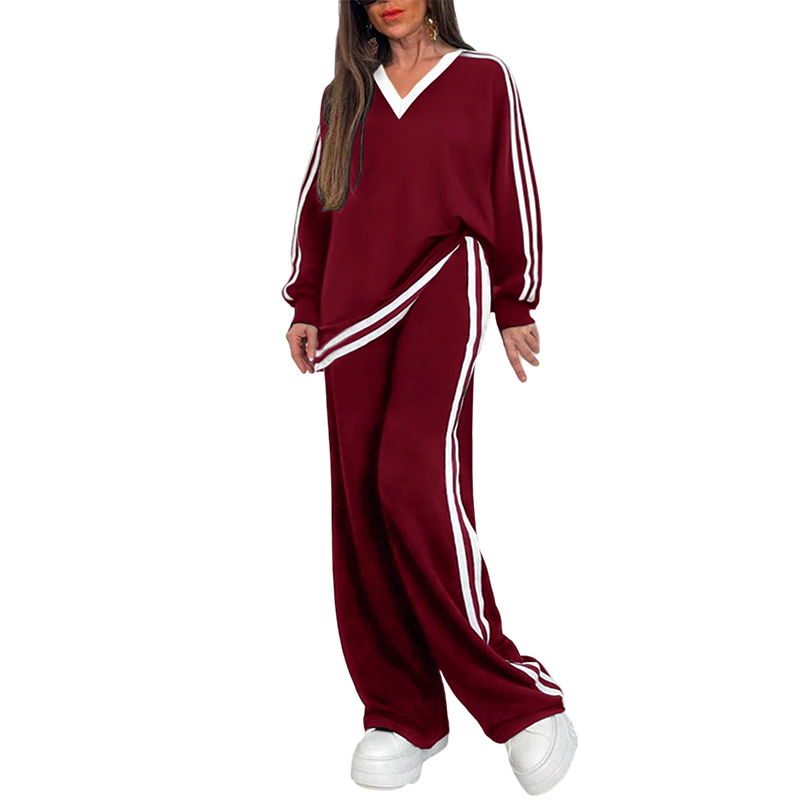 Women's Two-Piece Casual Set V-Neck Long Sleeve Top and Wide Leg Striped Pants Outfit