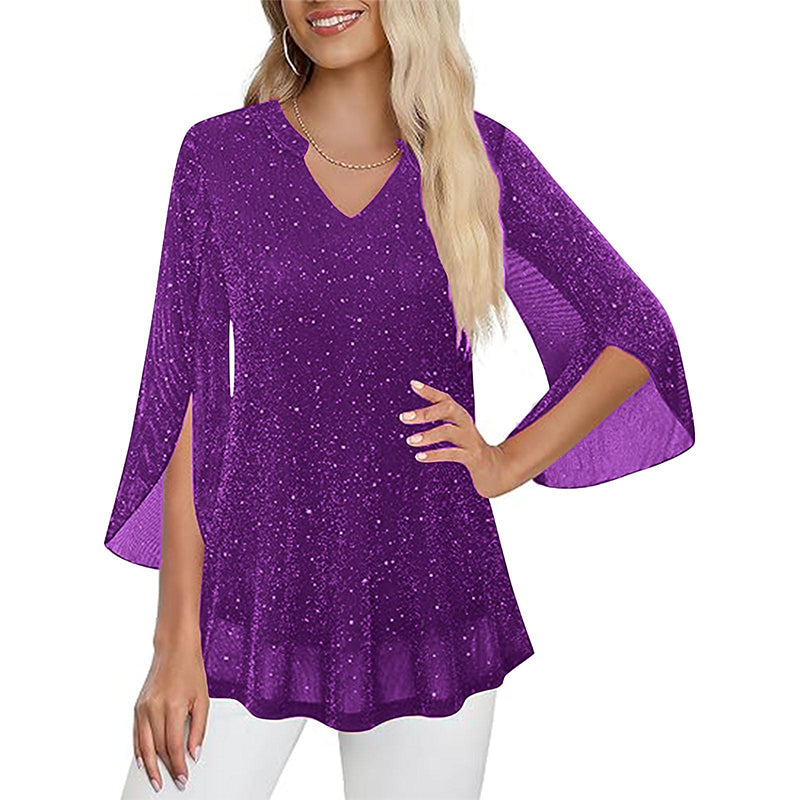 Women's Sparkly Split Flare Sleeve Top