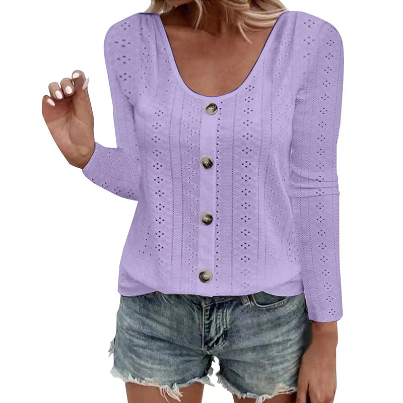 Women's Casual Round Neck Pointelle Long Sleeve Top