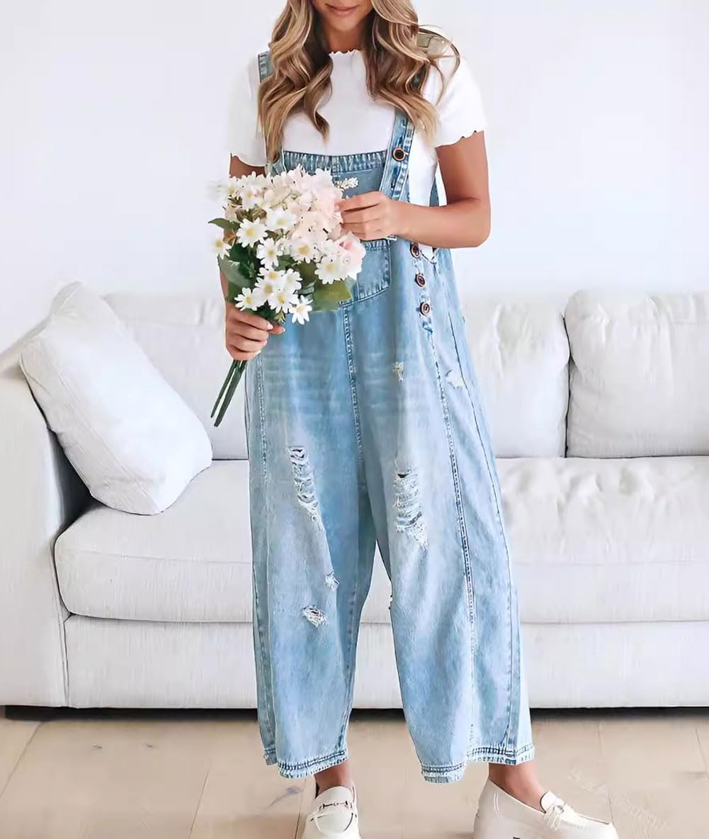 🔥Limited time sale 49% OFF💕Women's Cute Casual Button Jumpsuit Ripped Denim Overalls