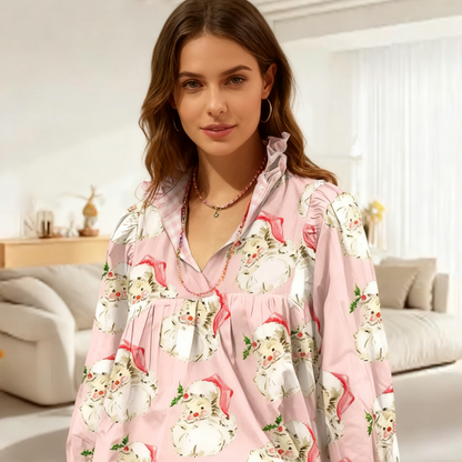 🎅Christmas Offer: 50% Off-Christmas Santa Print Ruffle V-Neck Blouse