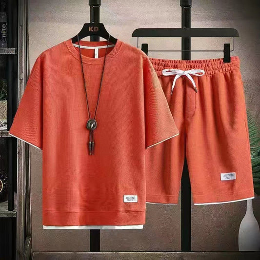 🌀 LIMITED-TIME 50% OFF! 🧺 Waffle Fabric Short Sleeve 2-Piece Set – Breathable, Loose Fit & Side Pockets 👕