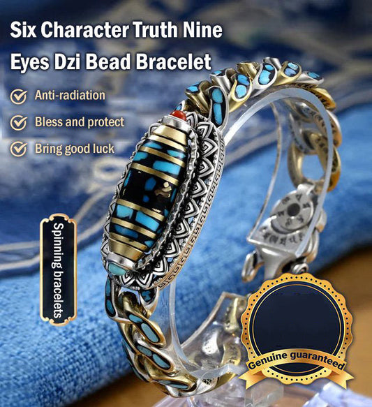 💝Turquoise Dzi Bead Bracelet with Six-Character and Nine-Eyed Mantra