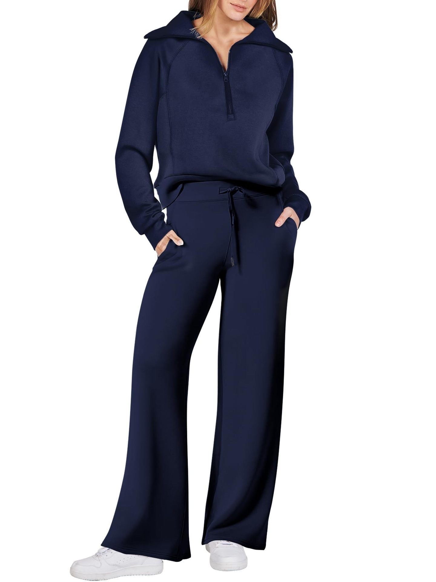 💝🔥Limited Time Sale-50% OFF🔥🎀Women's Oversized Half Zip Wide Leg 2 Piece Outfits Lounge Set