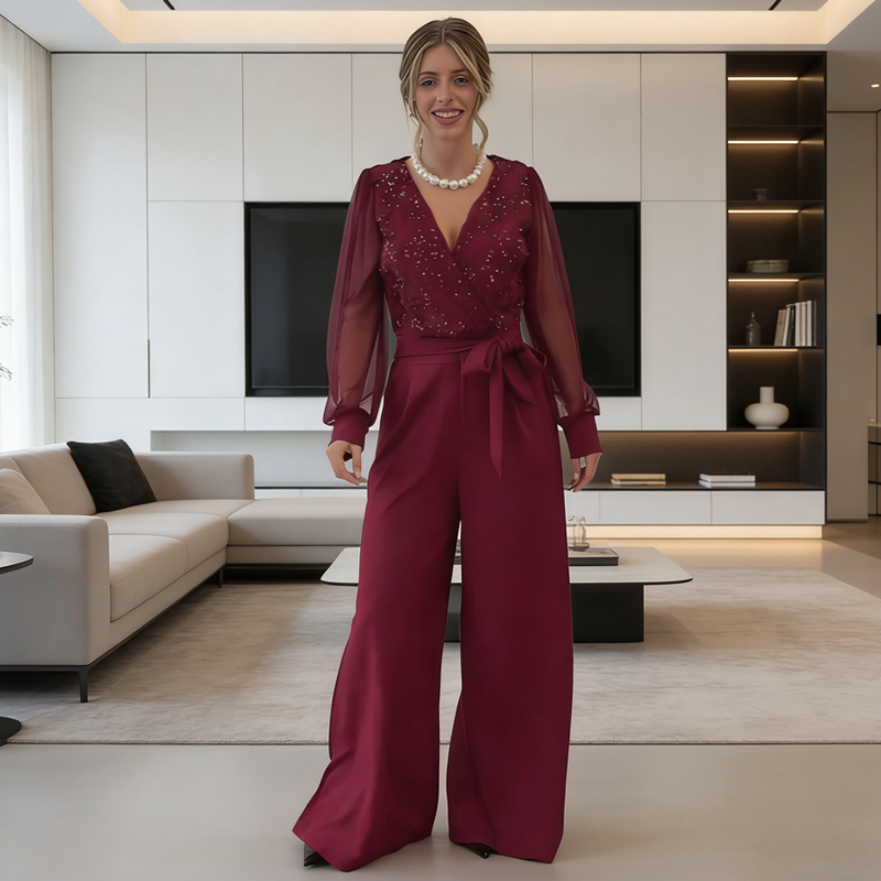 🔥New arrivals offer-Women's Long Sleeve V-Neck Sequin Jumpsuit