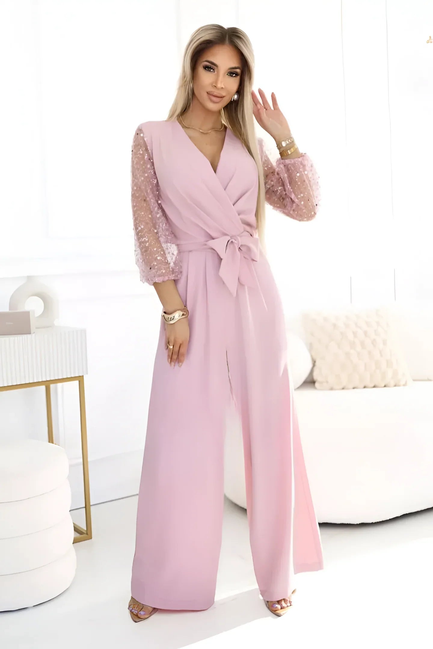 Elegant V-Neck Jumpsuit with Sparkly Glitter Sleeve