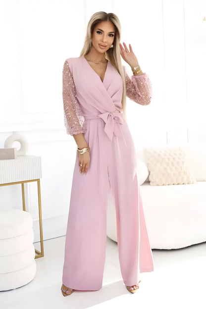 Elegant V-Neck Jumpsuit with Sparkly Glitter Sleeve