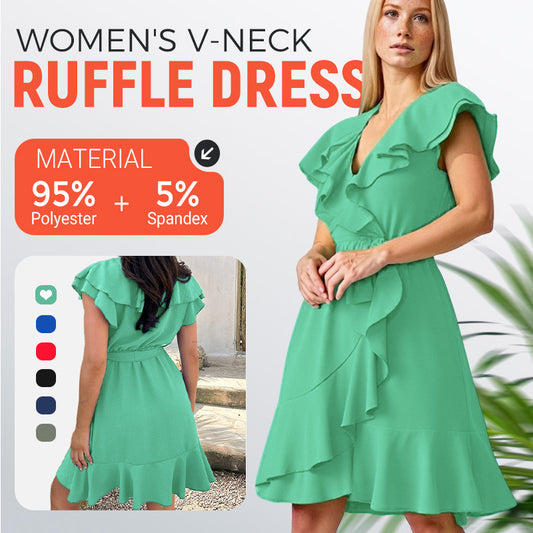 Women's Elegant Waist Tie V-Neck Ruffle Dress