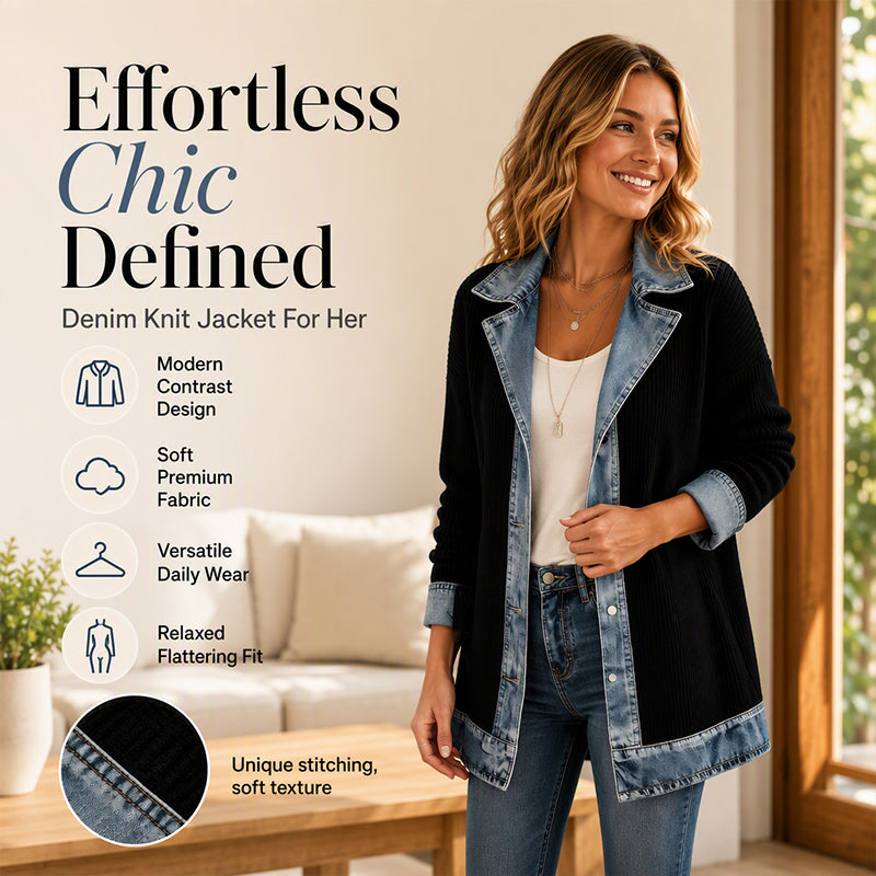 ⌛Limited-time offer-Women’s Elegant Denim Spliced Ribbed Knit Coat