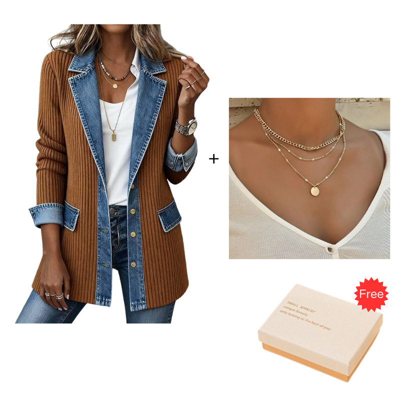 ⌛Limited-time offer-Women’s Elegant Denim Spliced Ribbed Knit Coat