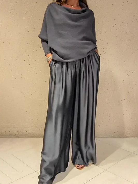 🔥Limited-time offer-Elegant Off-shoulder Sweater and Satin Wide-leg Pants Two-piece Suit
