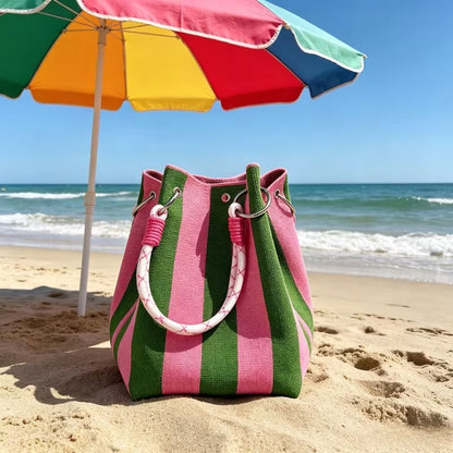 🏆👜 Limited-Time Sale: 50% OFF 🌴 Boho Striped Knit Bucket Handbag for Women – Handmade Summer Beach Shoulder Bag2