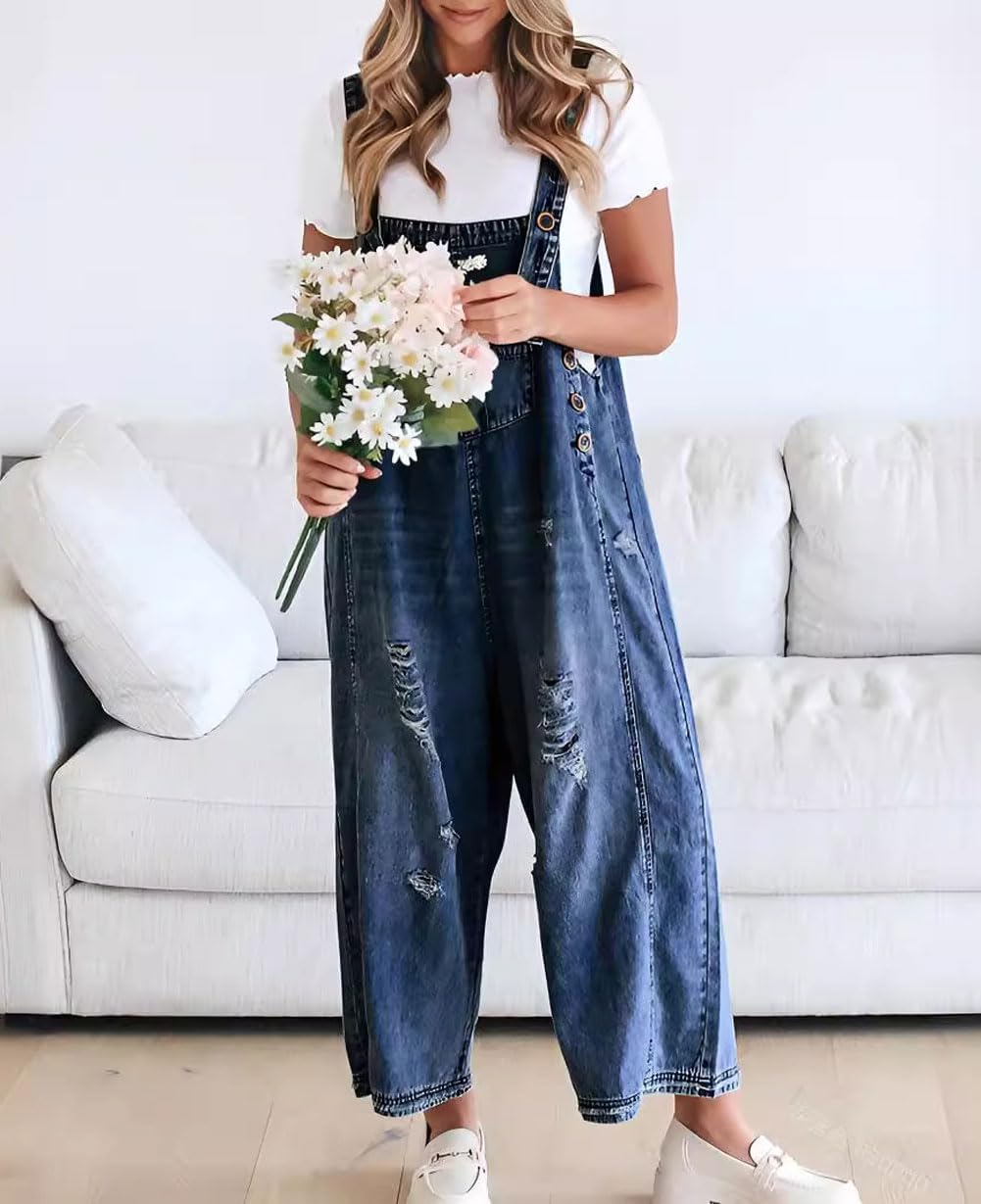 🔥Limited time sale 49% OFF💕Women's Cute Casual Button Jumpsuit Ripped Denim Overalls
