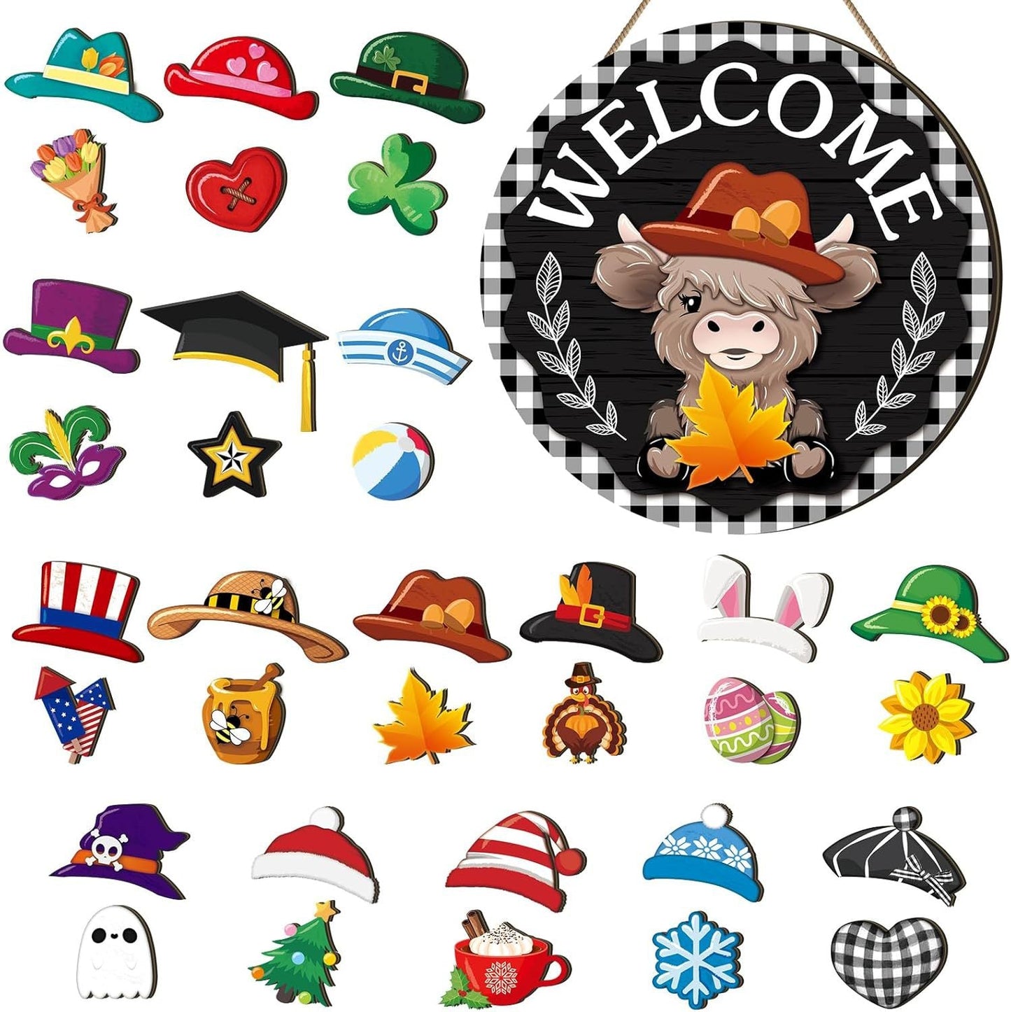 ⏰Interchangeable Welcome Sign with Highland Cow Featuring Seasonal Magnet, Detachable Hats, Accessories