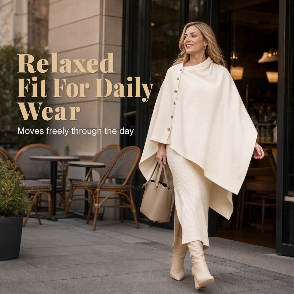 Women's Cozy Asymmetrical Poncho with Button Details