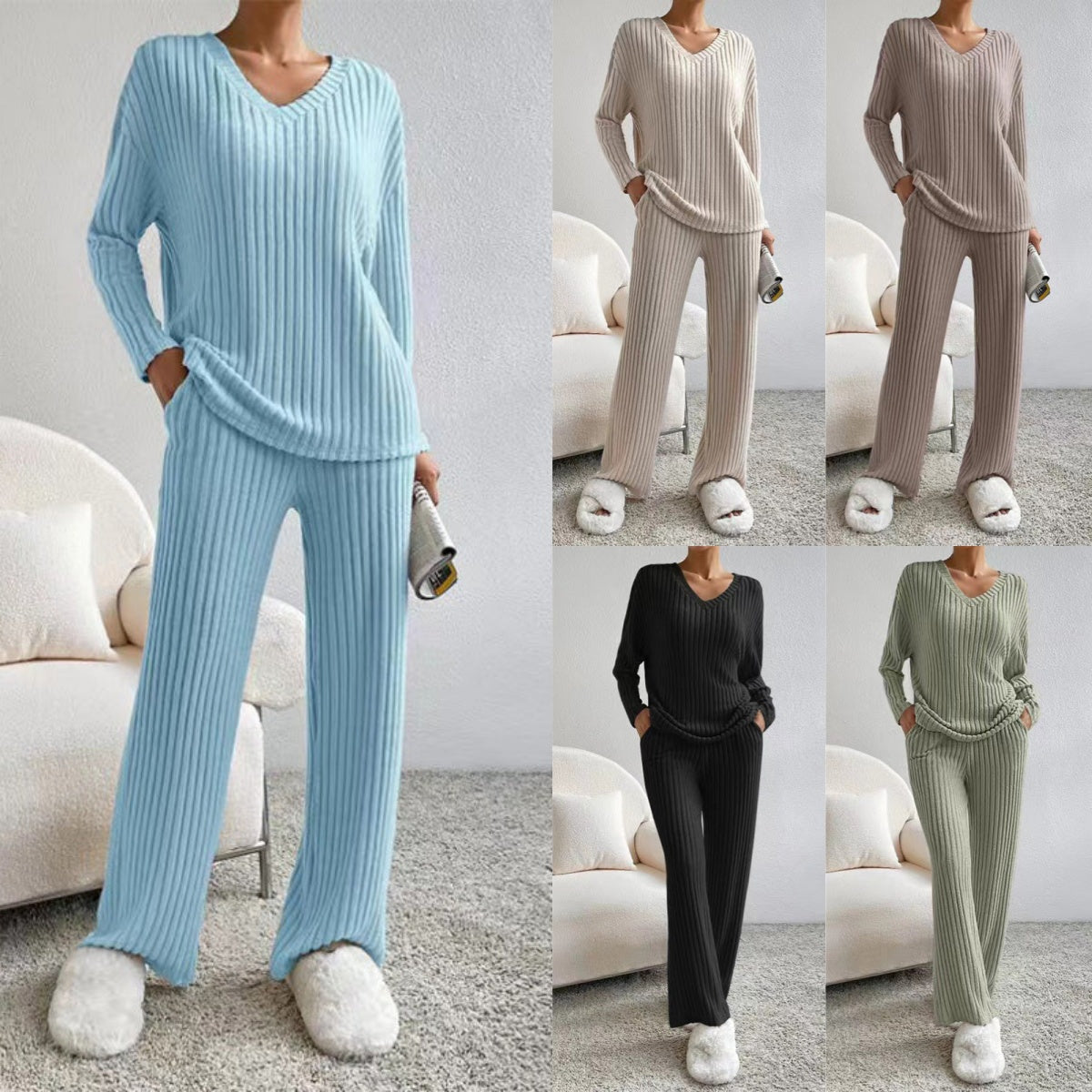 🔥New Arrivals: 50% Off-Women’s Knit V-Neck Top and Straight-Leg Pants Set
