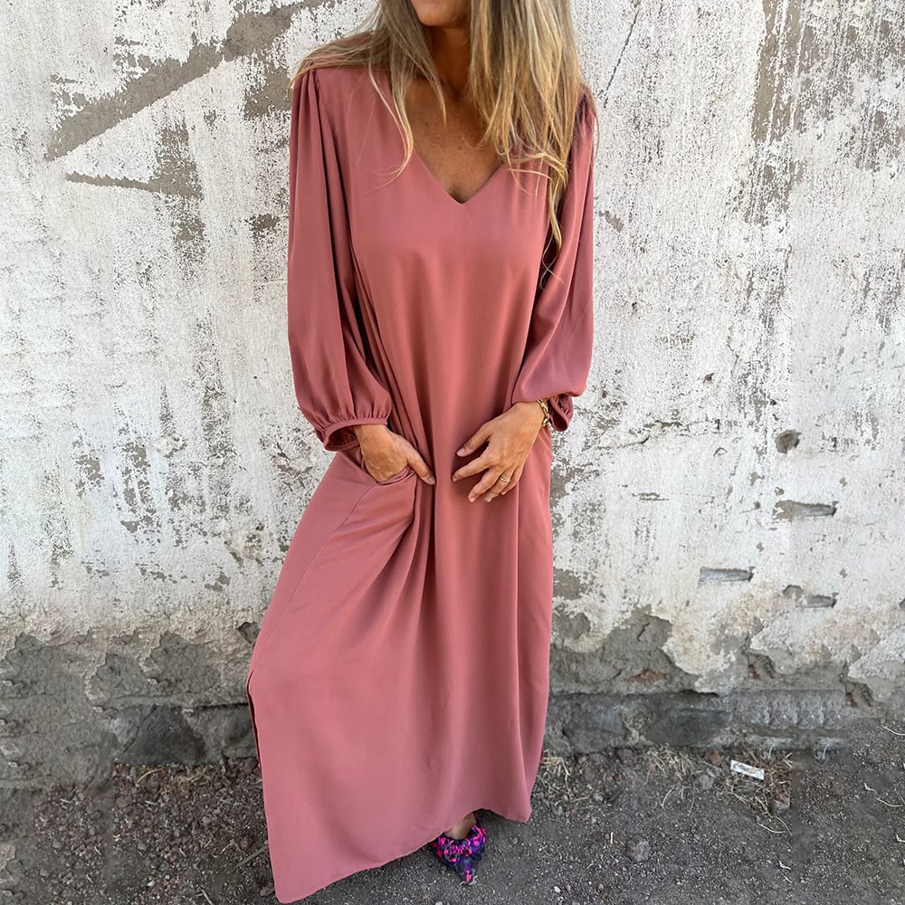 💃BIG SALE ONLY TODAY! - Loose V-neck solid color women's lantern sleeve dress