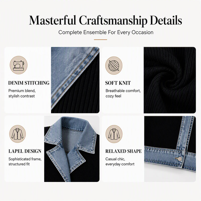 ⌛Limited-time offer-Women’s Elegant Denim Spliced Ribbed Knit Coat