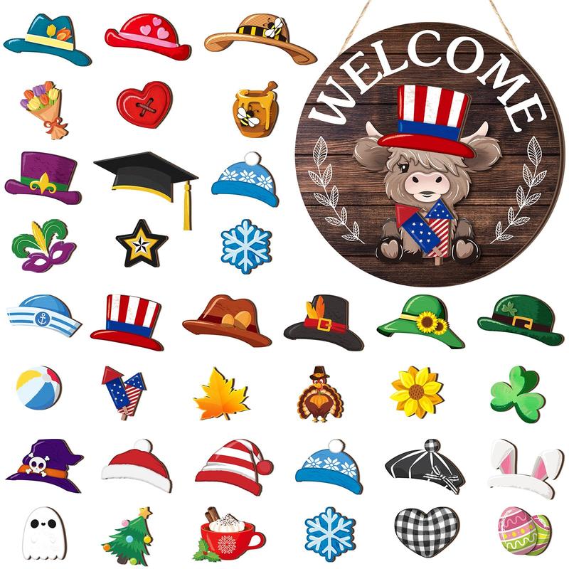 ⏰Interchangeable Welcome Sign with Highland Cow Featuring Seasonal Magnet, Detachable Hats, Accessories