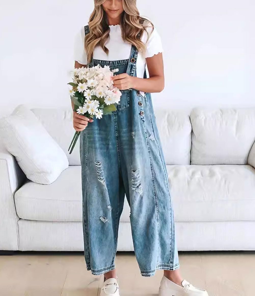 🔥Limited time sale 49% OFF💕Women's Cute Casual Button Jumpsuit Ripped Denim Overalls
