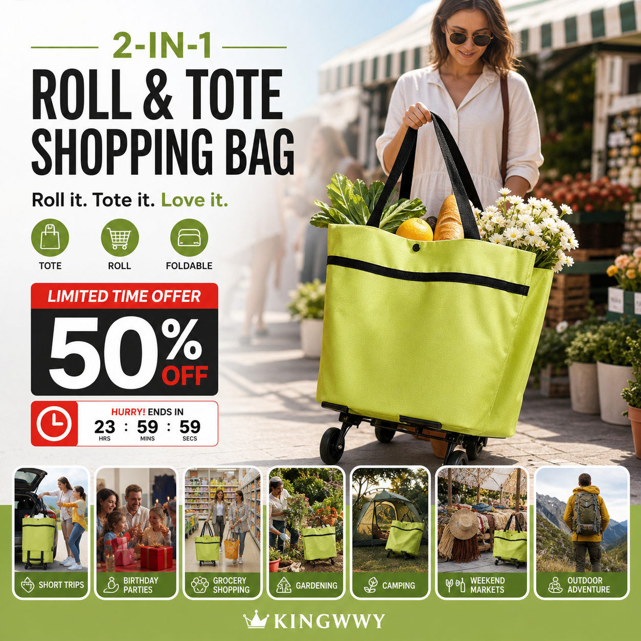 🔥Limited Offer ￡8.99!!⚡50K+ SOLD!🛍️2-in-1 Convertible shopping tote – hides wheels, holds 20kg, expands with zipper!
