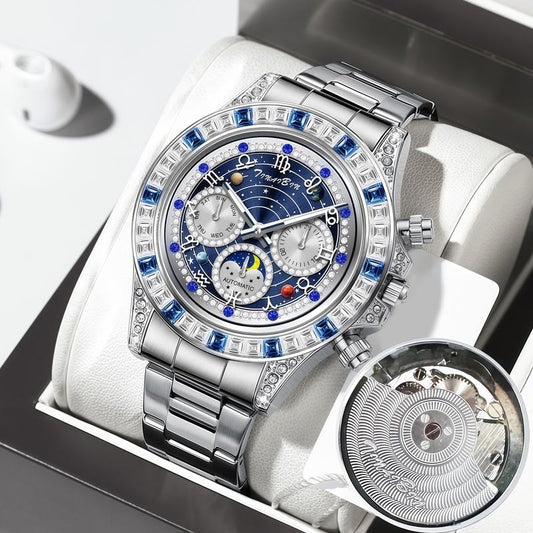 🎁TINAIBIN Twelve Zodiac Signs & Starry Sky Diamond Automatic Skeleton Men's Watch