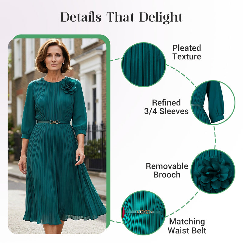 🔥🎁New arrival 50% OFF💥Women's 3/4 Sleeve Pleated Midi Dress with Belt