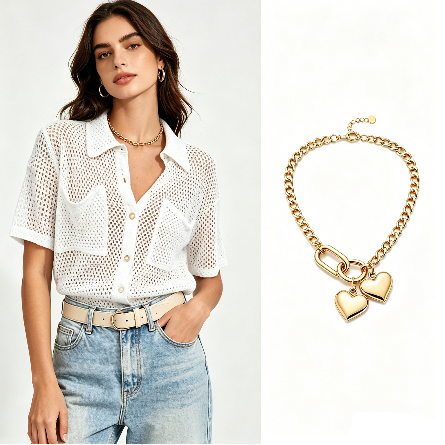 🔥50% OFF！ 🧶Women Short Sleeve Knit Button Shirt Free Gift Necklace