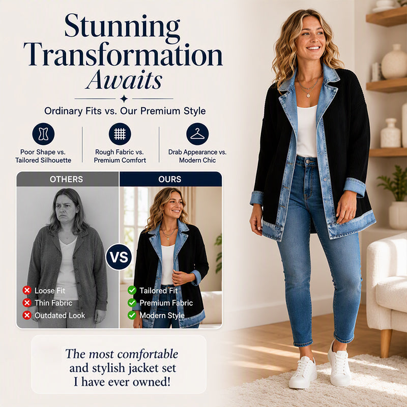 ⌛Limited-time offer-Women’s Elegant Denim Spliced Ribbed Knit Coat