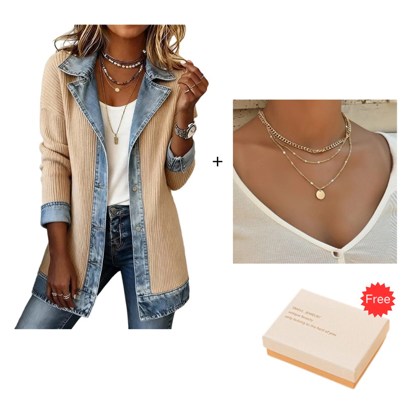 ⌛Limited-time offer-Women’s Elegant Denim Spliced Ribbed Knit Coat