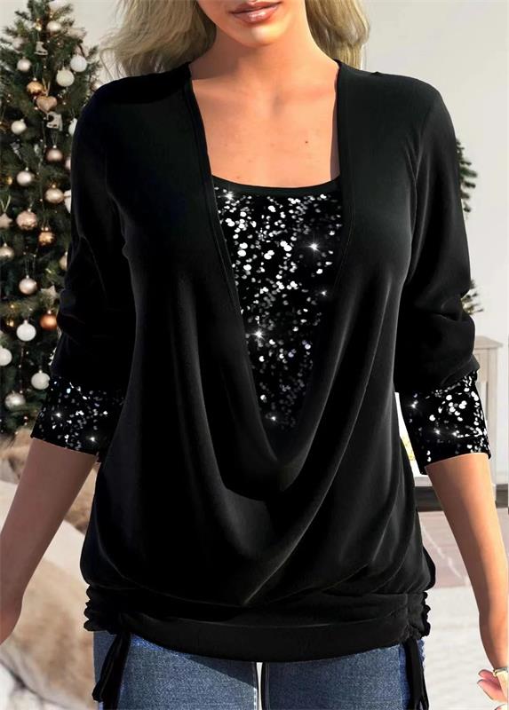 🎁Christmas discount 49% OFF🎄Sequin Loose Smocked Fake Two-Piece Top