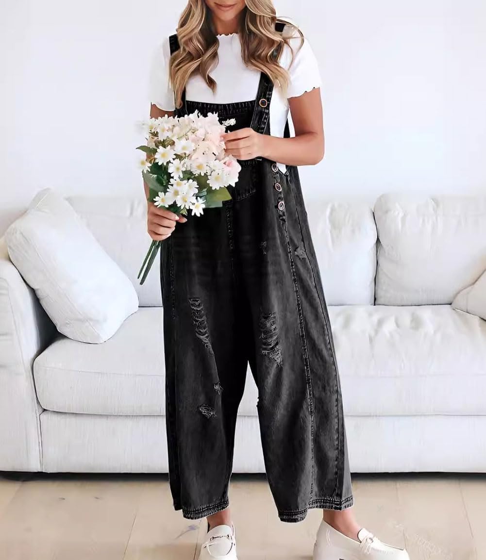 🔥Limited time sale 49% OFF💕Women's Cute Casual Button Jumpsuit Ripped Denim Overalls