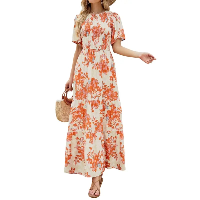 ⏰Hot Sale 49% Off👗Women's Casual Floral Print Short Flutter Sleeve Smocked High Waist Flowy Maxi Dress