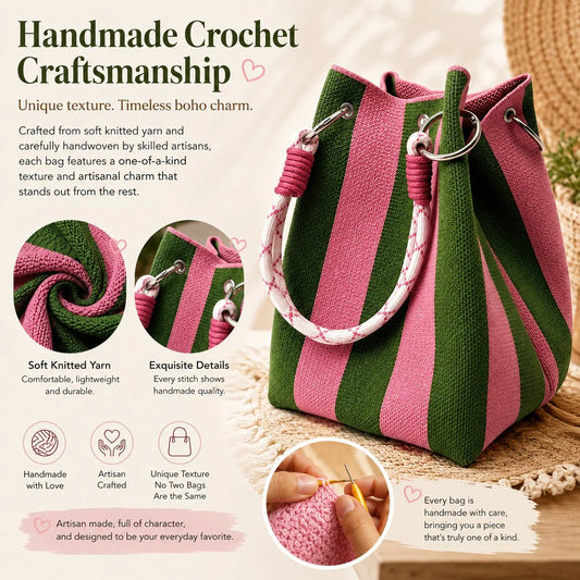 🏆👜 Limited-Time Sale: 50% OFF 🌴 Boho Striped Knit Bucket Handbag for Women – Handmade Summer Beach Shoulder Bag2