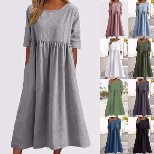 🔥Women's Casual Basic Outdoor Crew Neck Pocket Smocked Cotton Dress