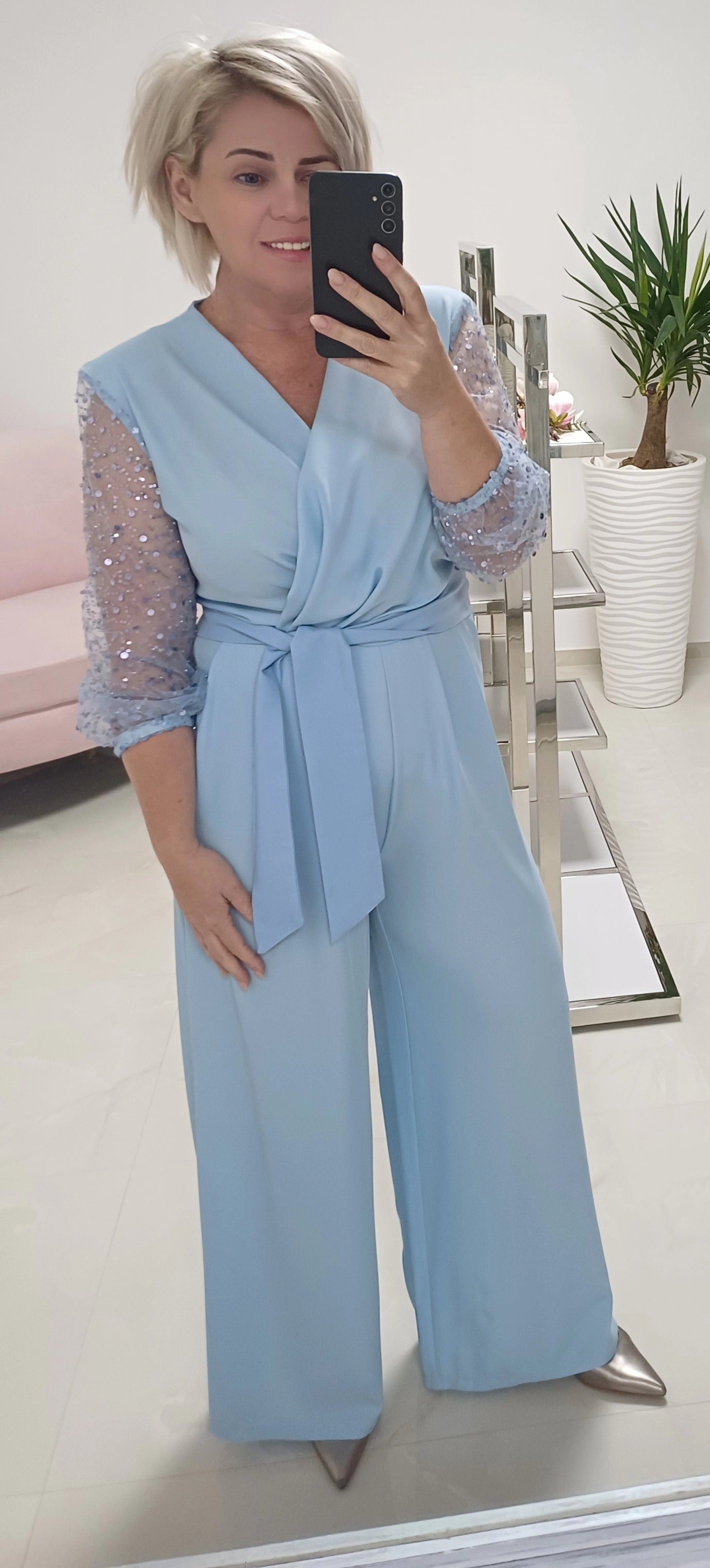 Elegant V-Neck Jumpsuit with Sparkly Glitter Sleeve