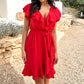 Women's Elegant Waist Tie V-Neck Ruffle Dress