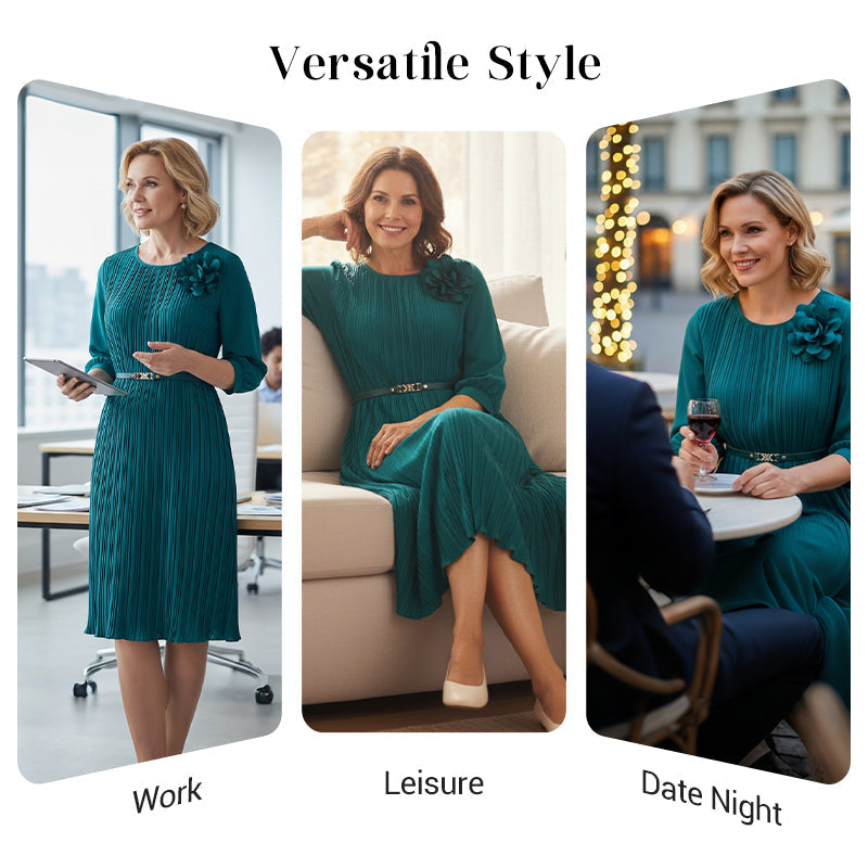 🔥🎁New arrival 50% OFF💥Women's 3/4 Sleeve Pleated Midi Dress with Belt