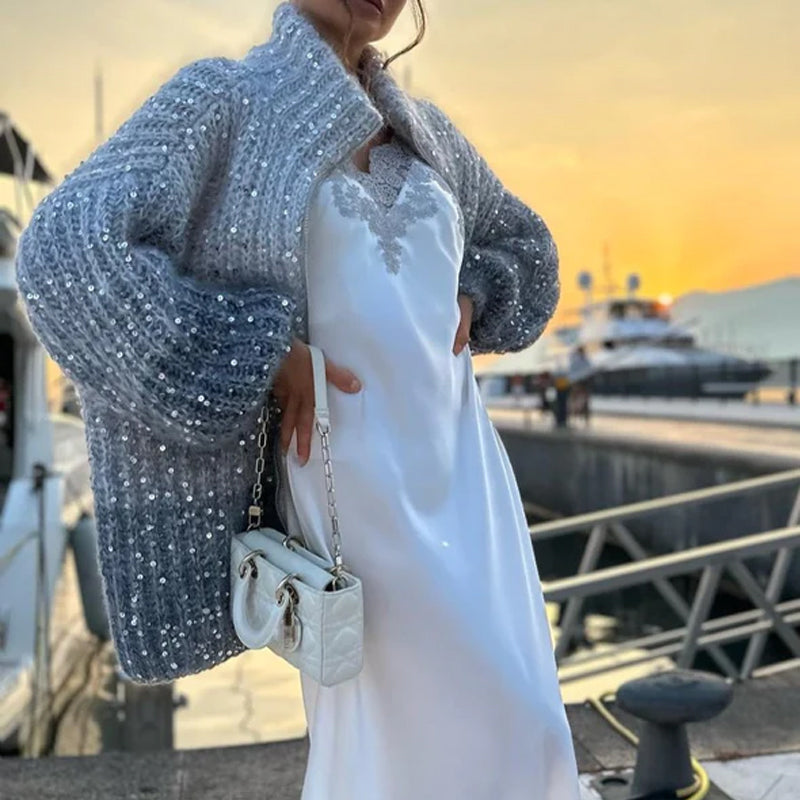 🎅Early Xmas Sales - 50% OFF🎄Knitted Sweater Jacket With Monochromatic Sequins