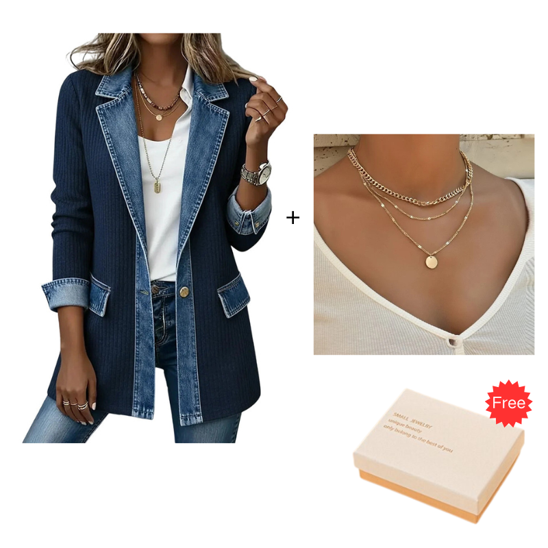 ⌛Limited-time offer-Women’s Elegant Denim Spliced Ribbed Knit Coat