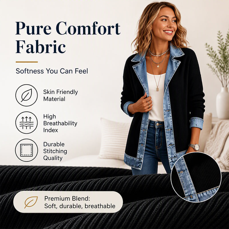 ⌛Limited-time offer-Women’s Elegant Denim Spliced Ribbed Knit Coat