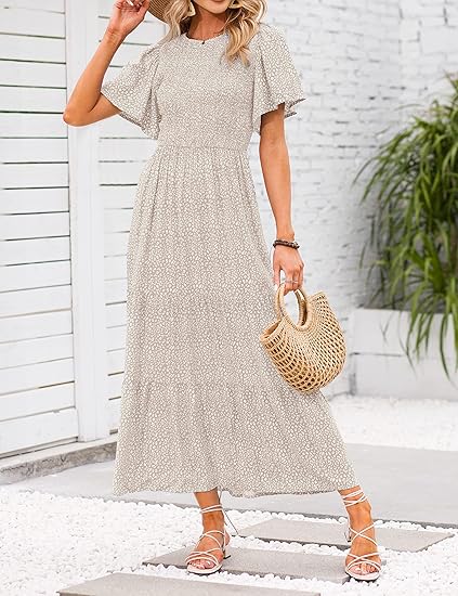 ⏰Hot Sale 49% Off👗Women's Casual Floral Print Short Flutter Sleeve Smocked High Waist Flowy Maxi Dress