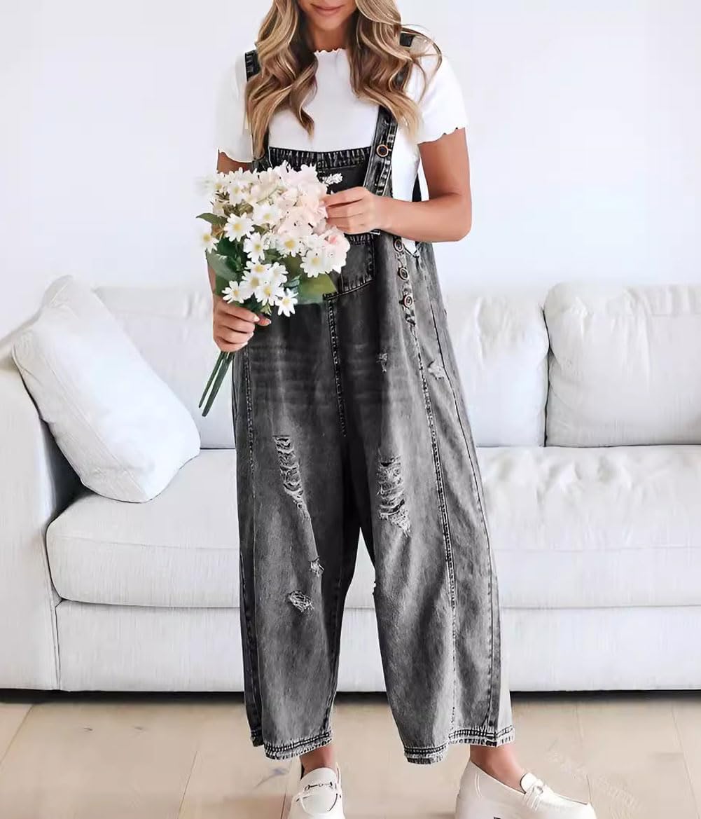 🔥Limited time sale 49% OFF💕Women's Cute Casual Button Jumpsuit Ripped Denim Overalls