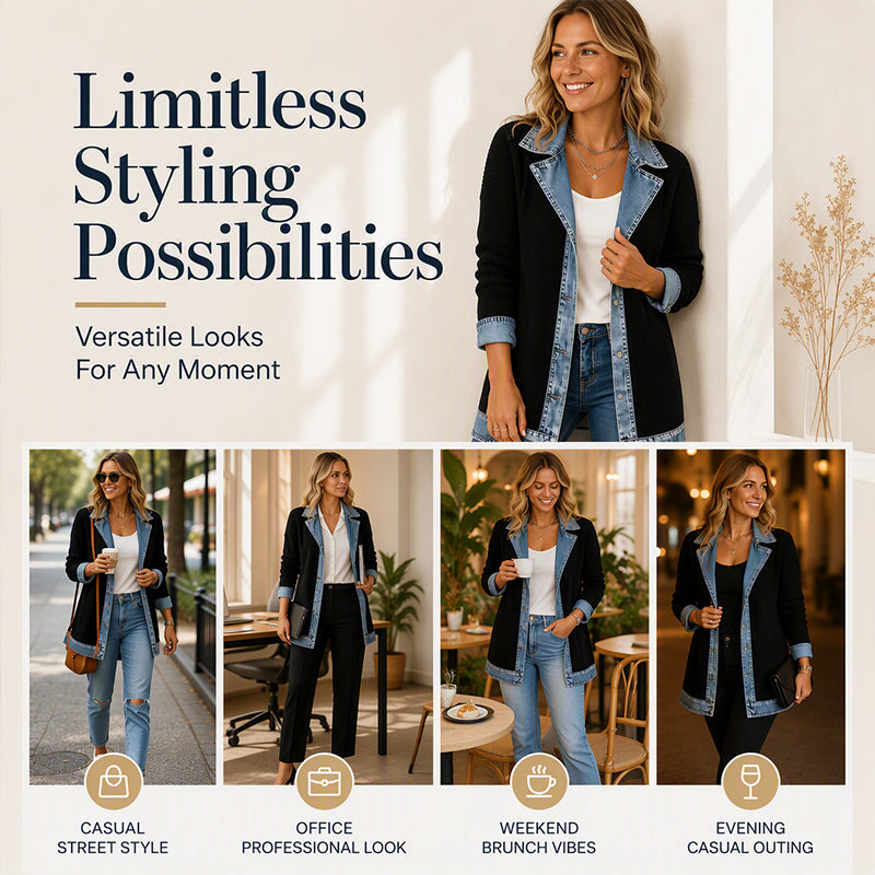 ⌛Limited-time offer-Women’s Elegant Denim Spliced Ribbed Knit Coat