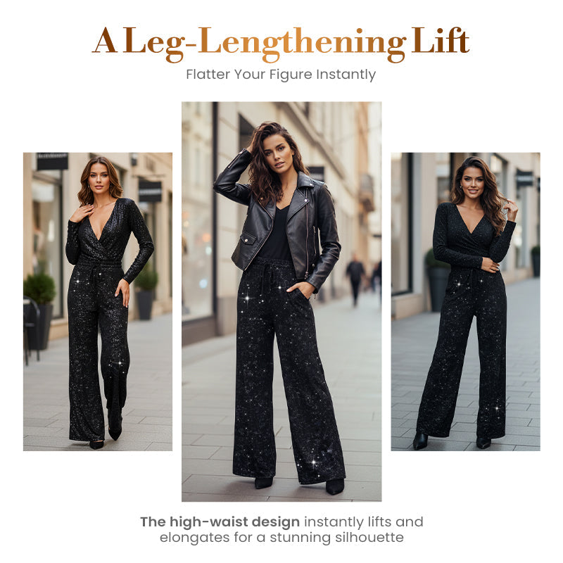 ⏰LAST DAY SALE 50% OFF🥰Women's Sequin Sparkle Wide Leg Pants with Elastic Waistband