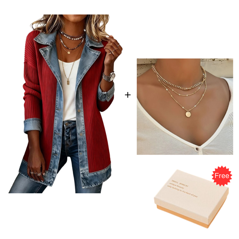 ⌛Limited-time offer-Women’s Elegant Denim Spliced Ribbed Knit Coat