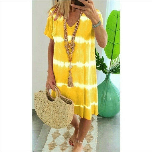 👗 50% OFF NOW! 🌈 Tie-Dye Striped Short Sleeve T-Shirt Dress – Soft & flowy – Perfect for summer, beach or casual days – comfortable and stylish 🌊✨