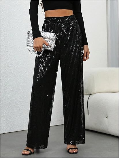 🎄🎁Christmas Sale 40% OFF🥰Women's Sequin Sparkle Wide Leg Pants with Elastic Waistband