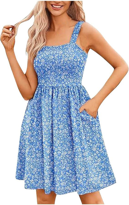 ⏰Hot Sale 49% Off💃Women's Summer Dresses Casual Square Neck Floral Sundress With Pockets