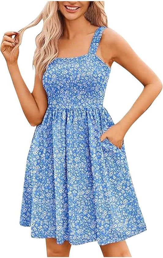 ⏰Hot Sale 49% Off💃Women's Summer Dresses Casual Square Neck Floral Sundress With Pockets